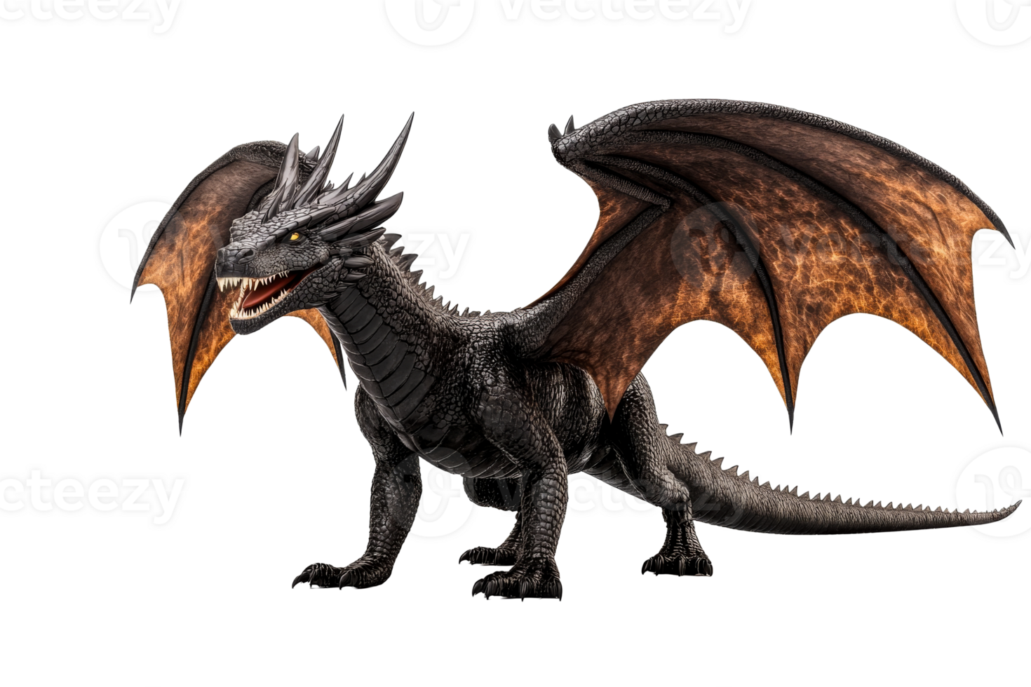 Majestic black dragon with fiery wings and fierce expression png