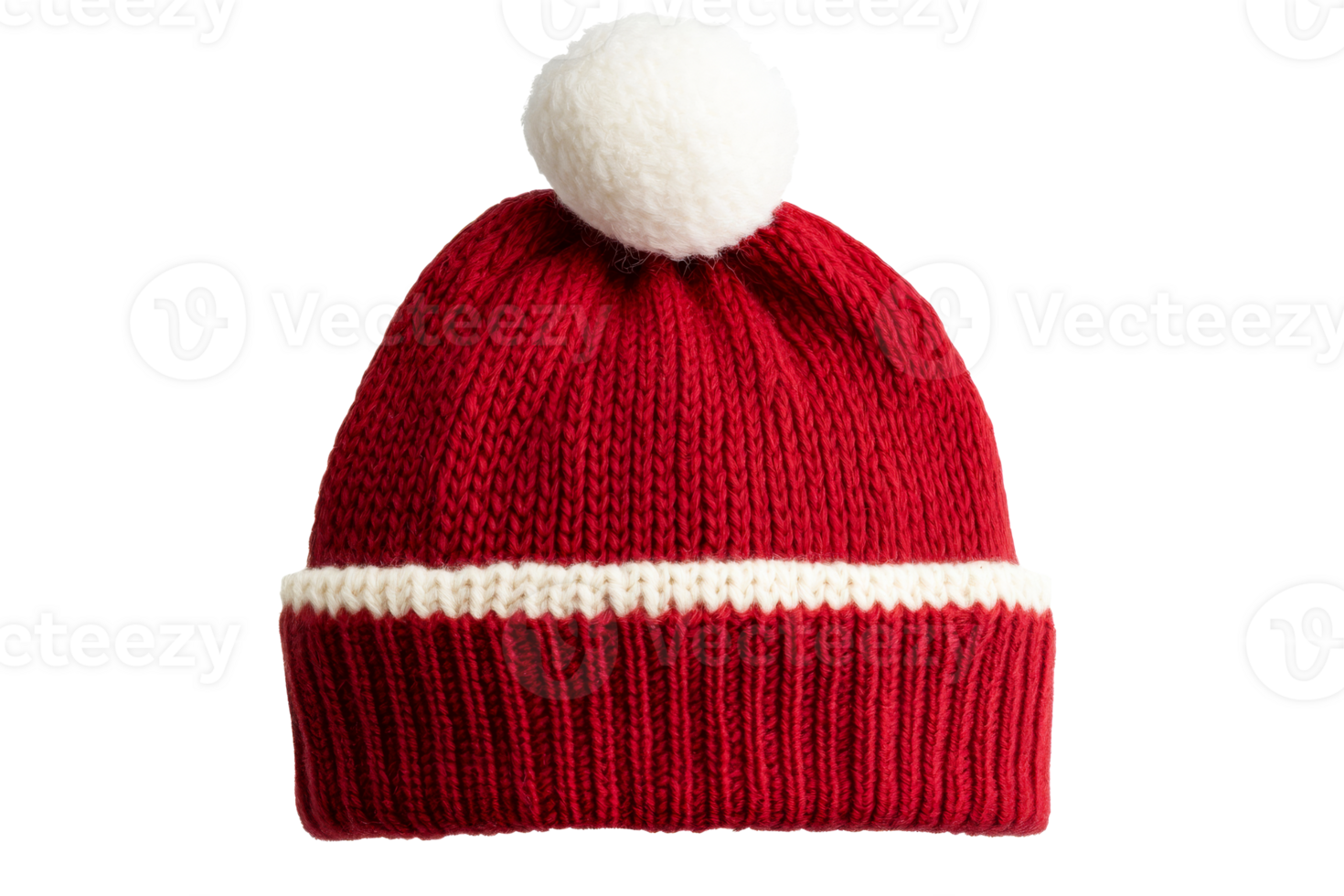 Red knitted beanie with white pom pom for winter wear png