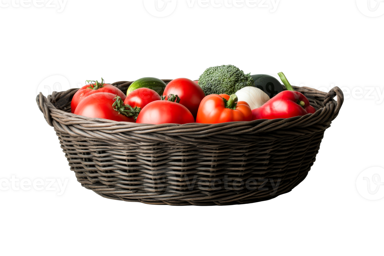 Fresh vegetables in a woven basket with a transparent background png