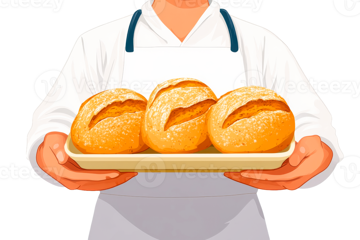 Freshly baked bread rolls served on a tray by a baker png