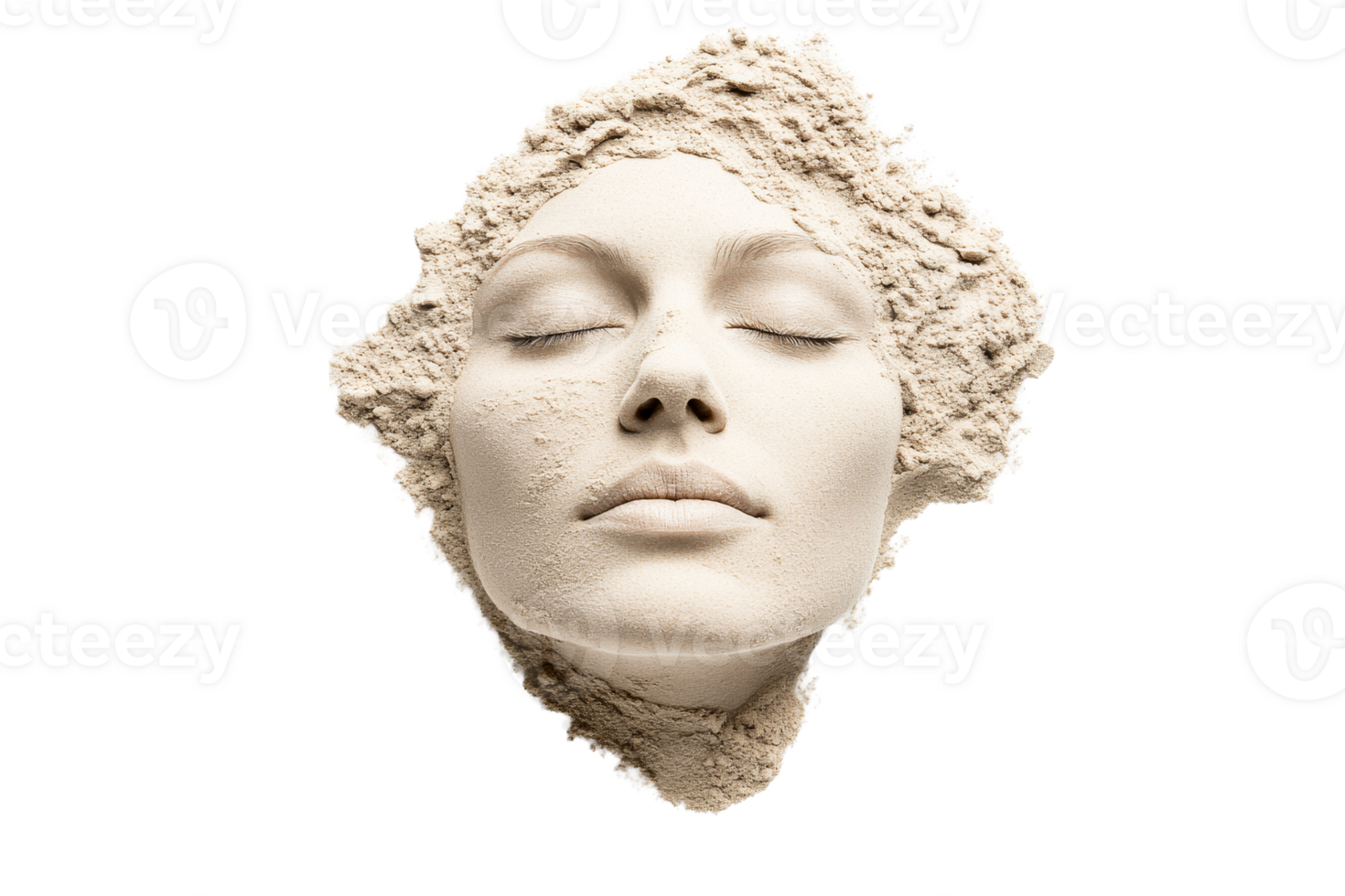 Face covered in sand creating an artistic expression of calmness png