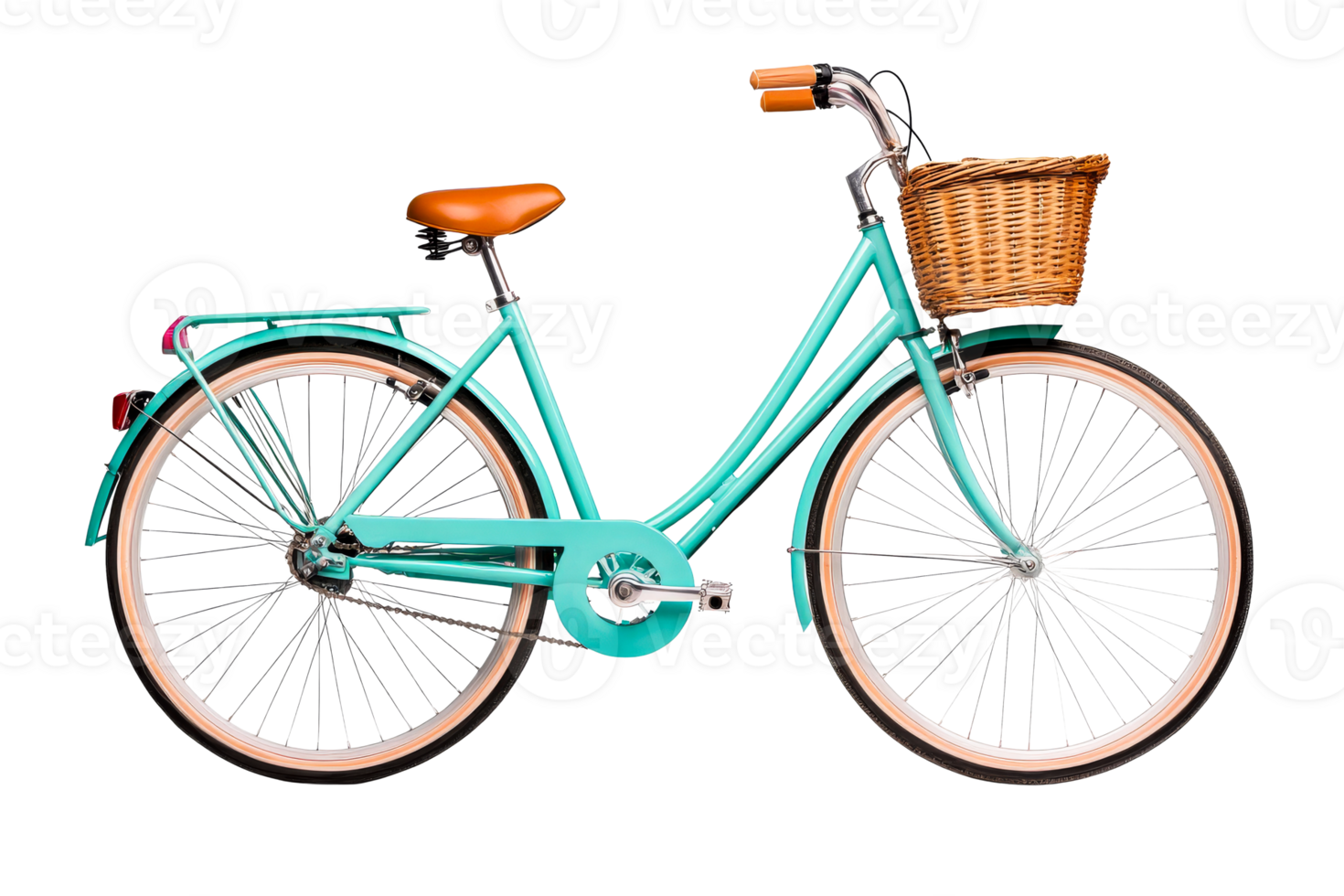 Classic turquoise bicycle with basket on a transparent background png