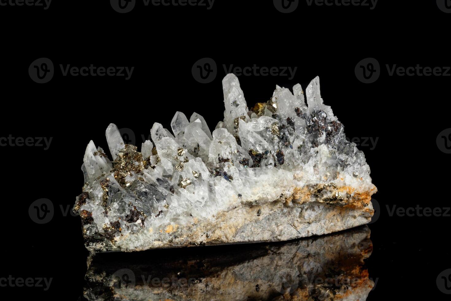 close-up Macro mineral stone Galena, Sphalerite, Pyrite, Quartz on a black background photo