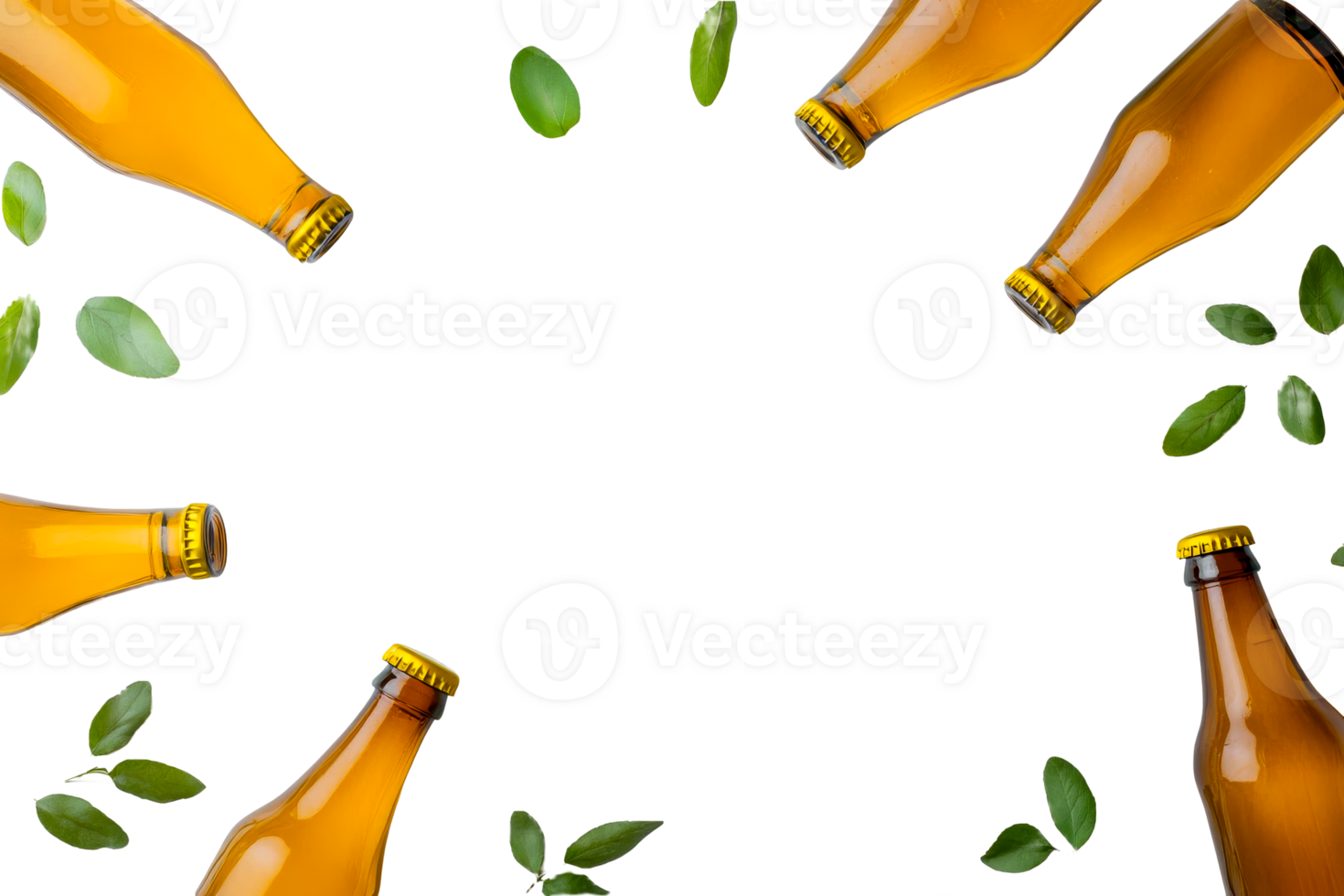 Bottles arranged with green leaves on a transparent background png