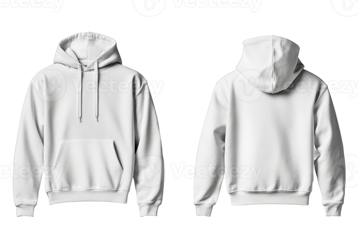 White hoodie with front pocket and back view on transparent background png