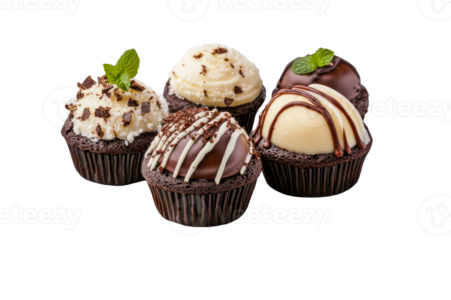 Delicious assorted chocolate cupcakes with creamy toppings png