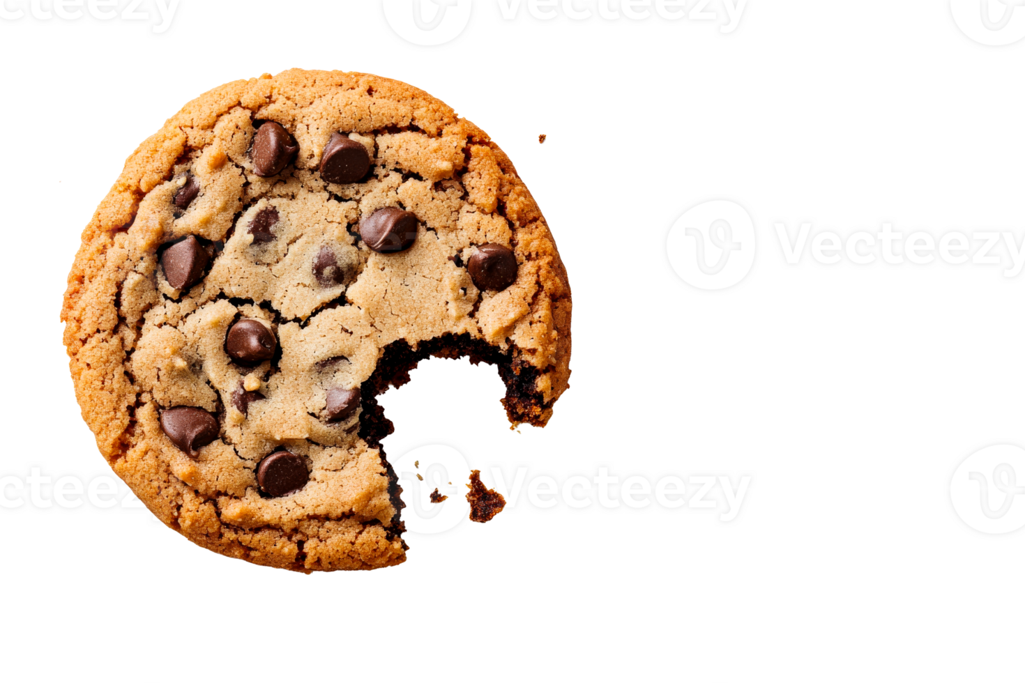 Delicious chocolate chip cookie with a bite taken out png