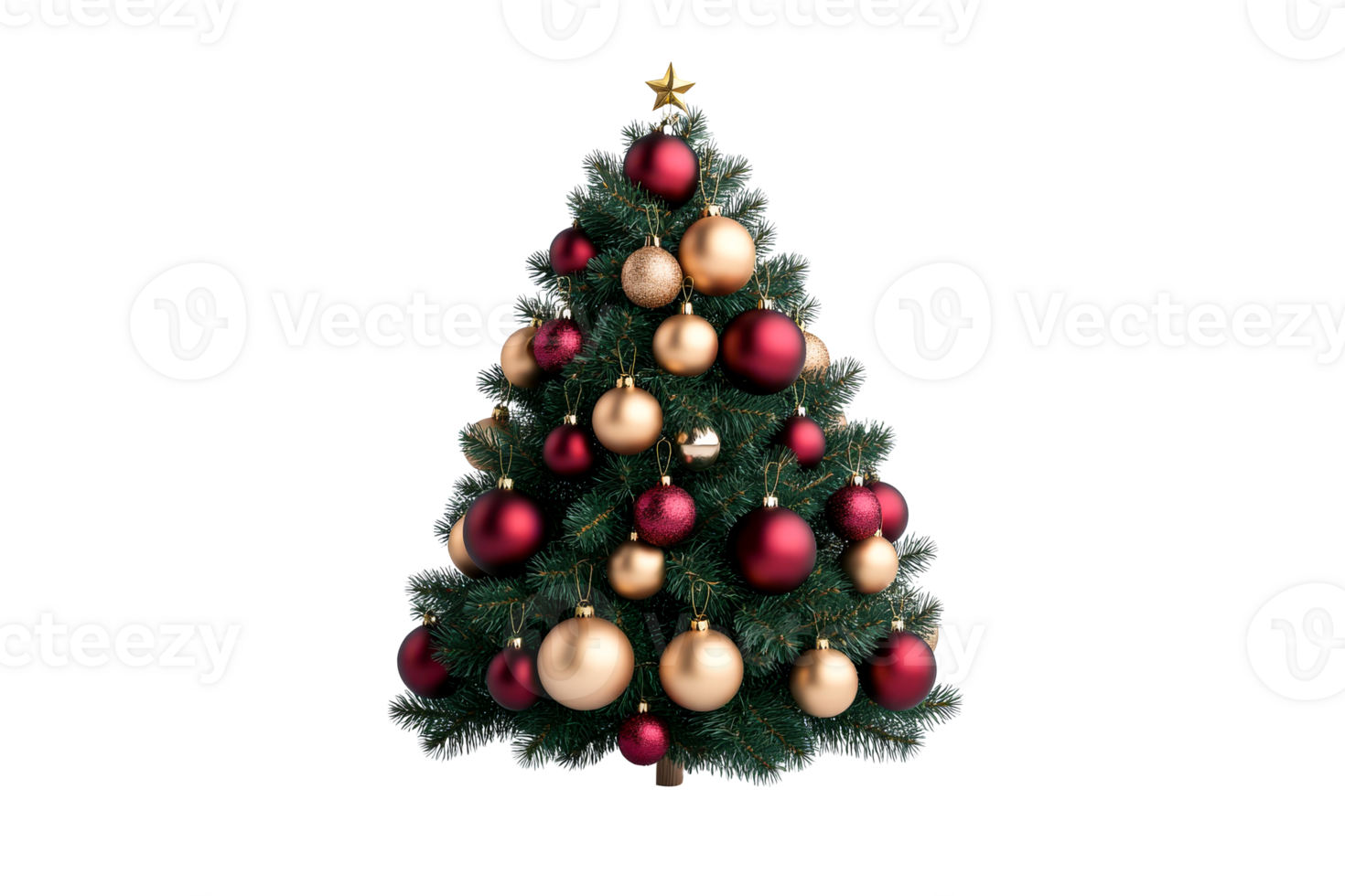 Red and gold ornamented Christmas tree on transparent bg png