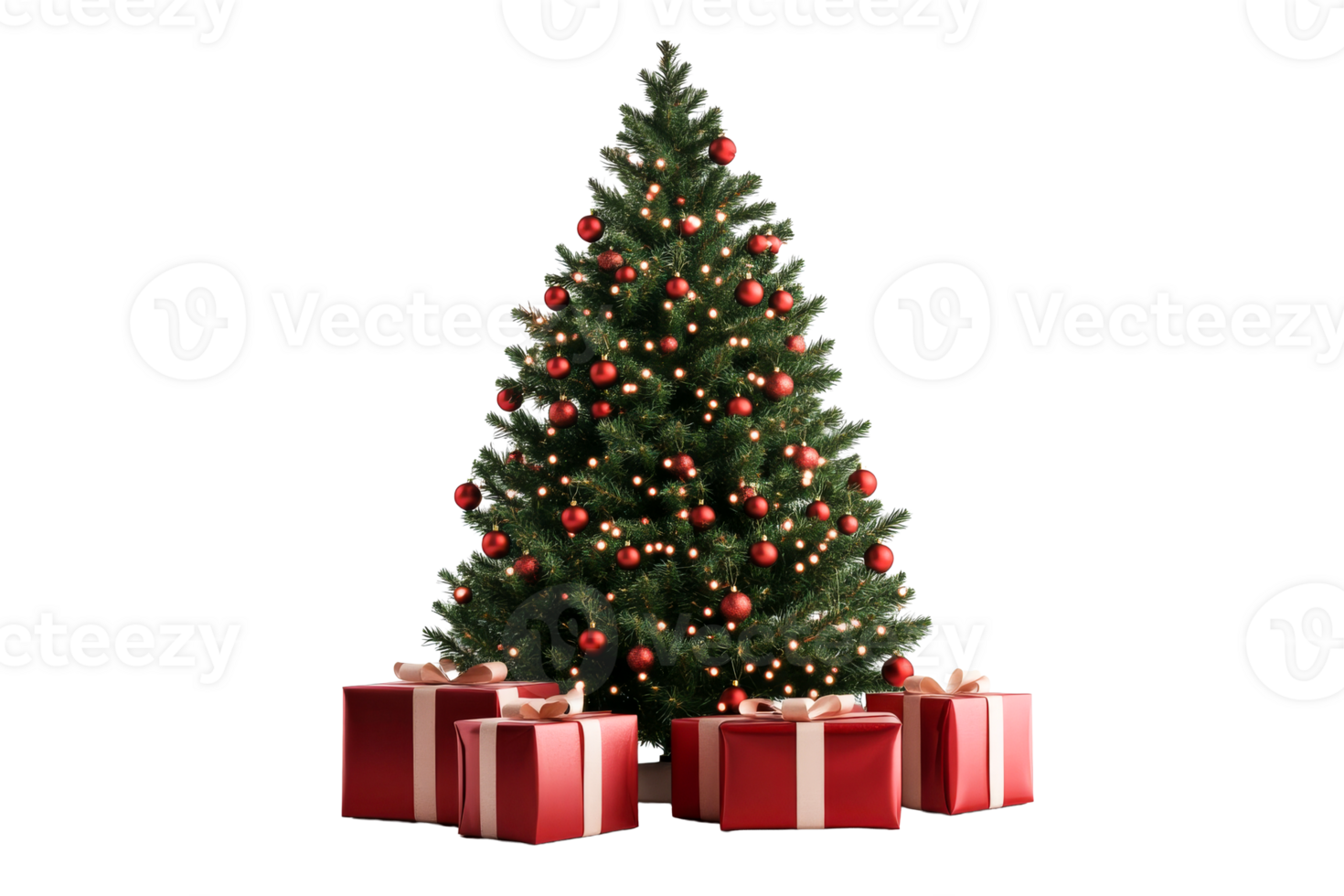 Christmas tree with red ornaments and gifts under the branches png