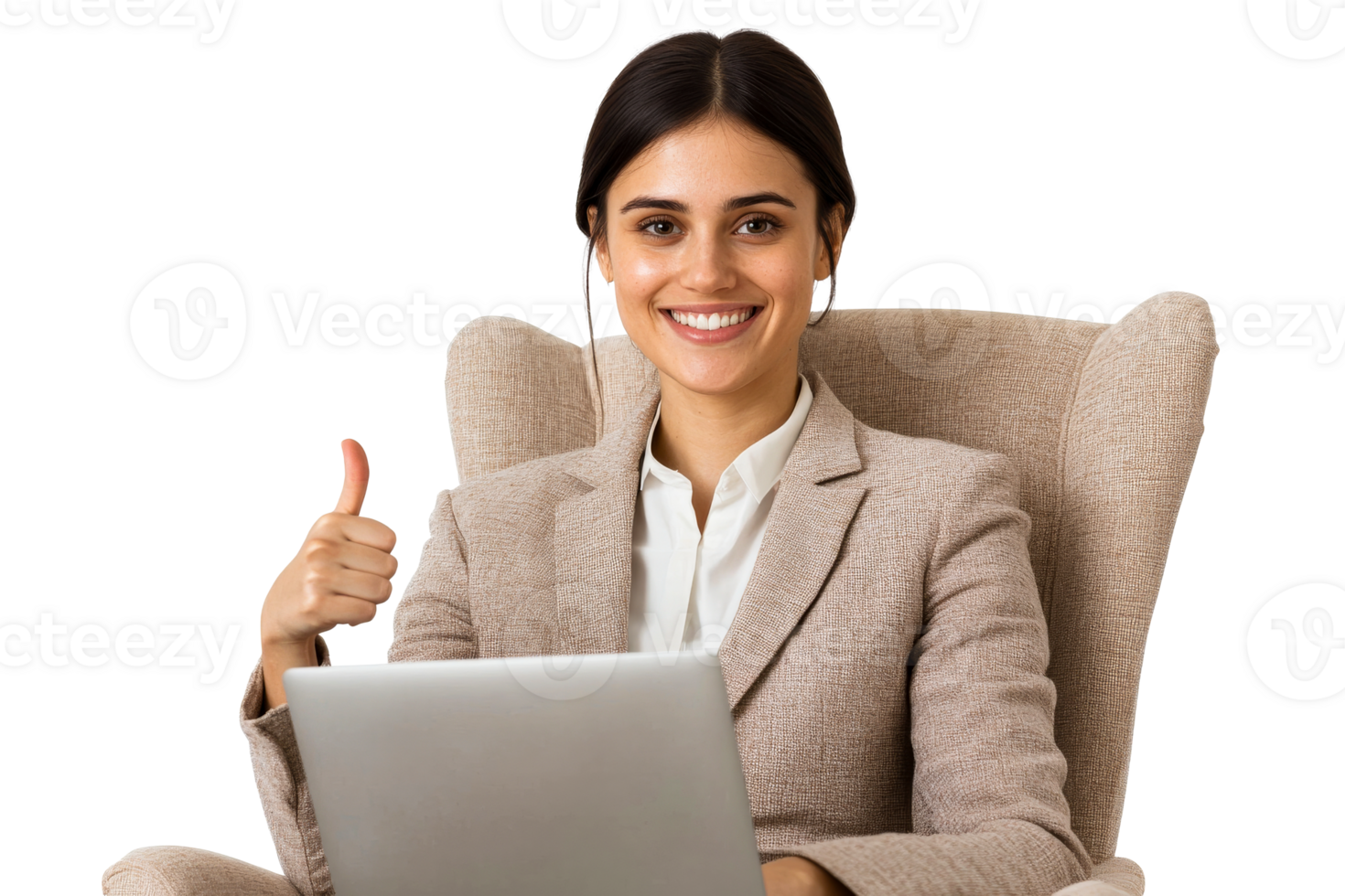 Professional woman smiling and giving thumbs up while working png