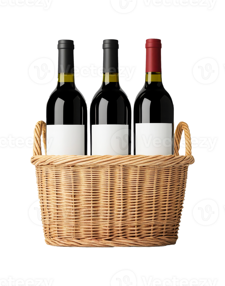Elegant wine basket with three bottles for gifting or entertaining png