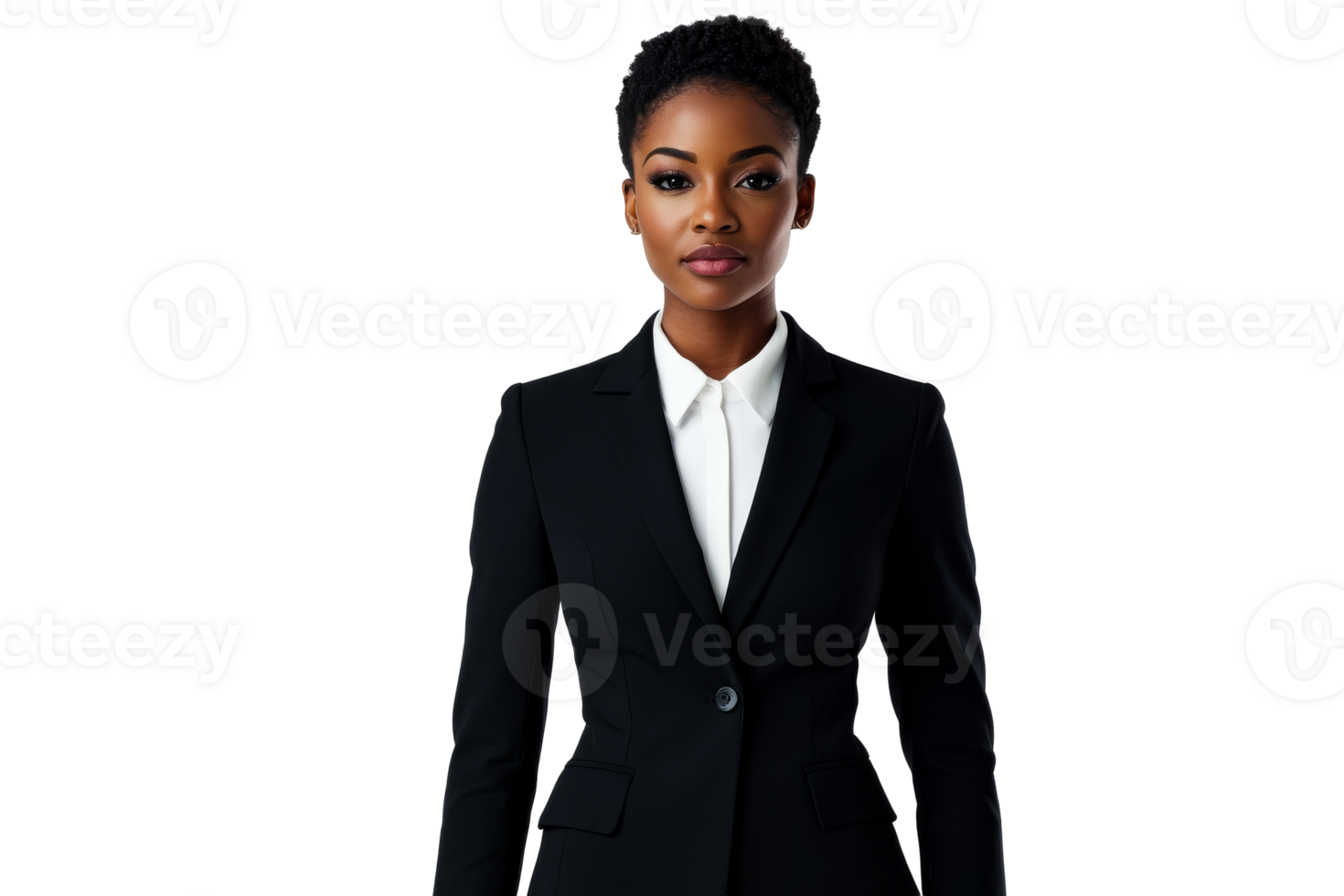 Confident business woman in a formal black suit at a studio png