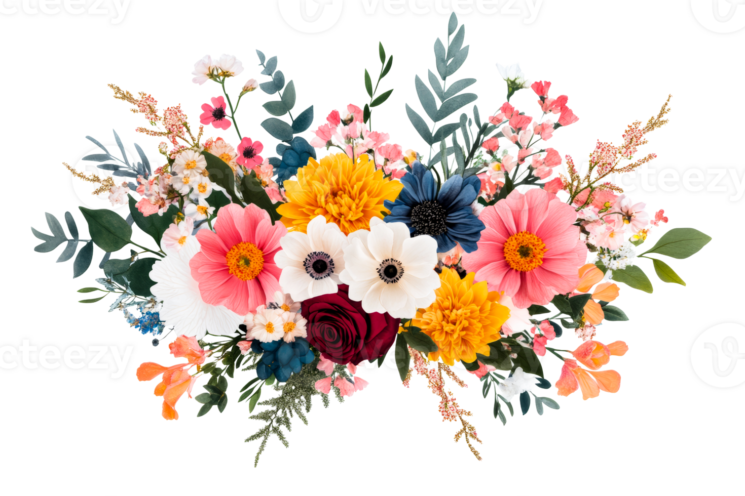 Colorful floral arrangement with various blossoms and greenery png