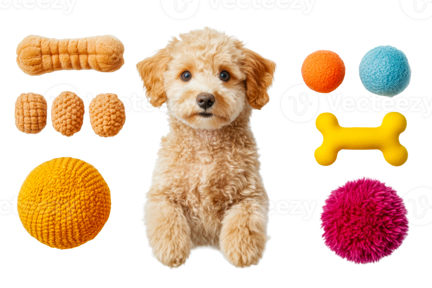 Cute dog surrounded by colorful toys on a transparent background png
