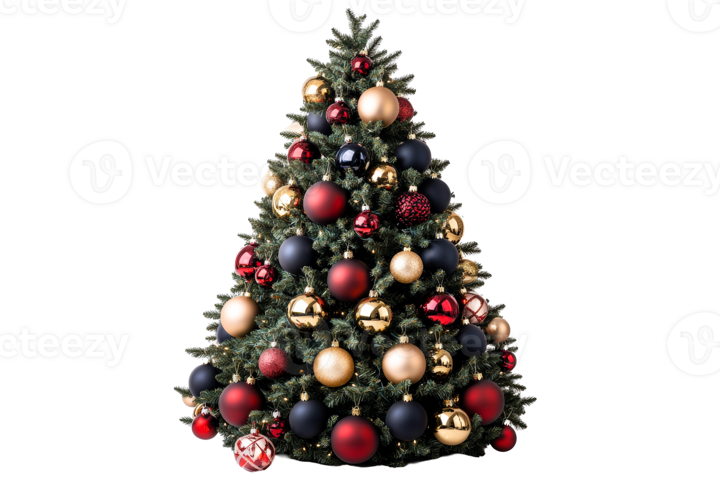 Elegant Christmas tree with colorful ornaments and gold accents png