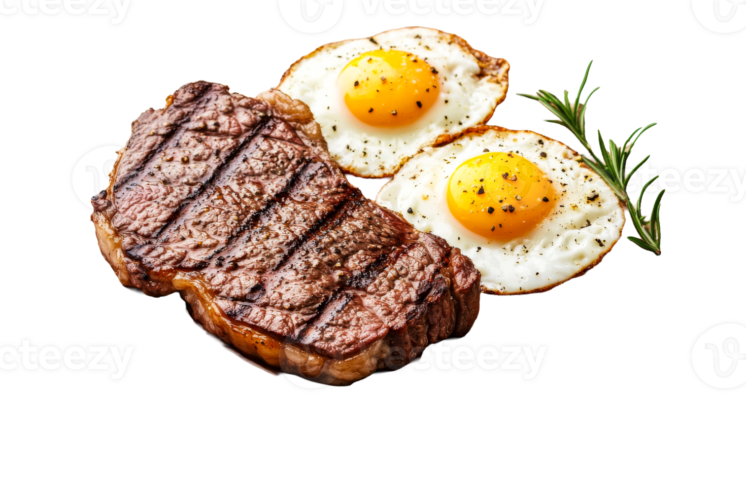 Delicious grilled steak with sunny side up eggs on a plate png
