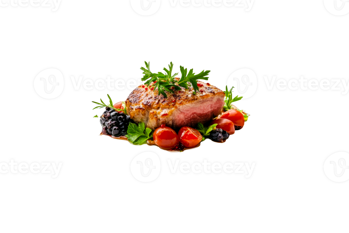 Juicy steak with herbs and cherry tomatoes on transparent background png