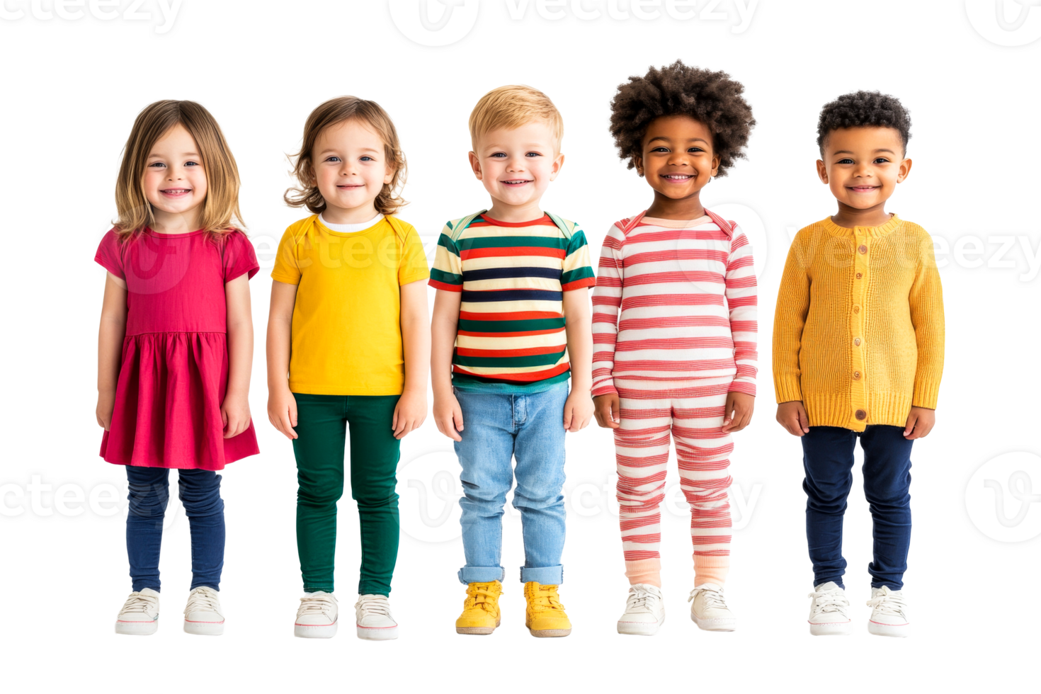 Brightly dressed children standing in a line with playful expressions png