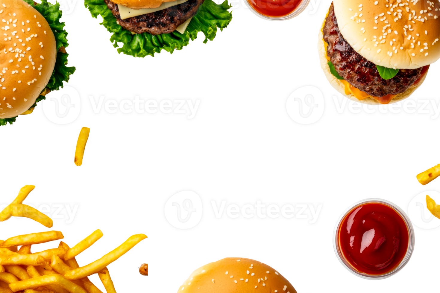 Delicious burgers and fries with toppings on a transparent background png