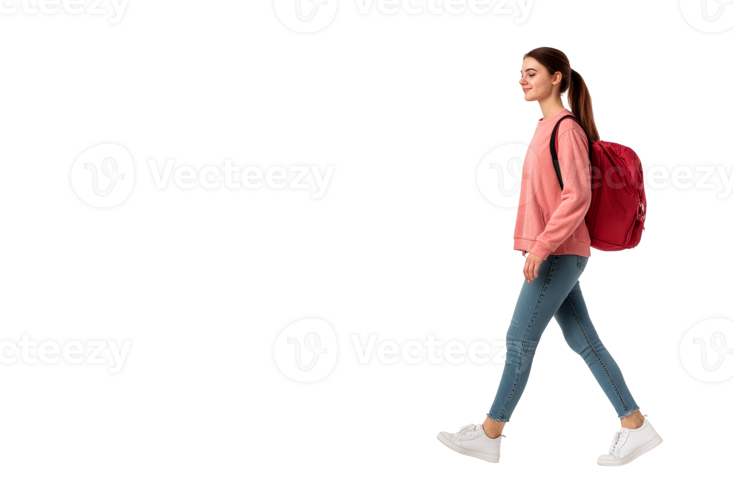 Young woman walking casually with backpack on transparent background png
