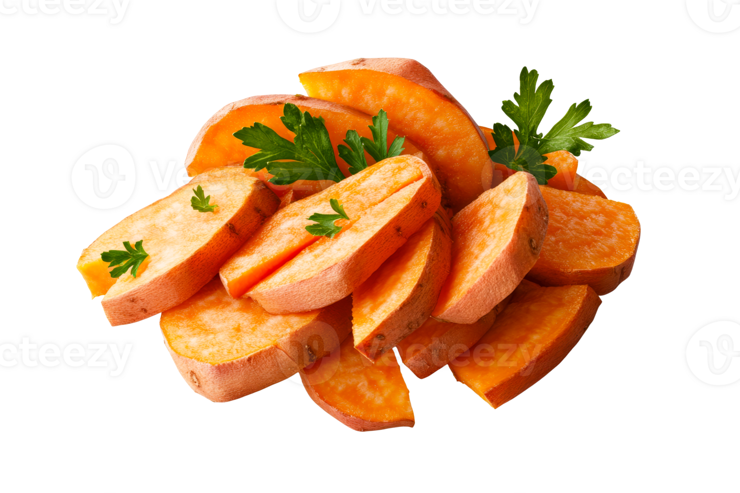 Freshly cut sweet potato slices with vibrant green parsley png