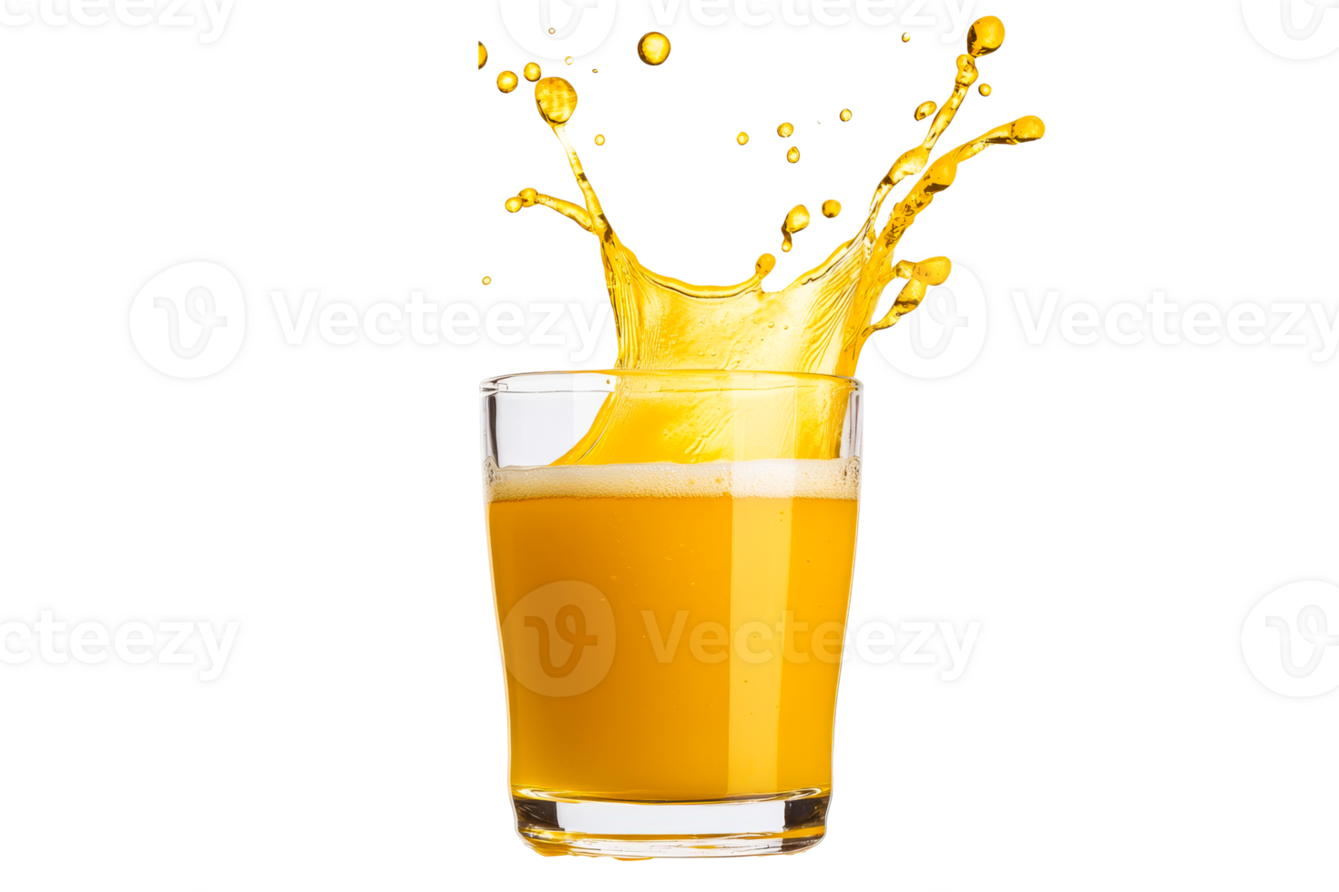 A vibrant orange drink splashes out of a transparent glass png