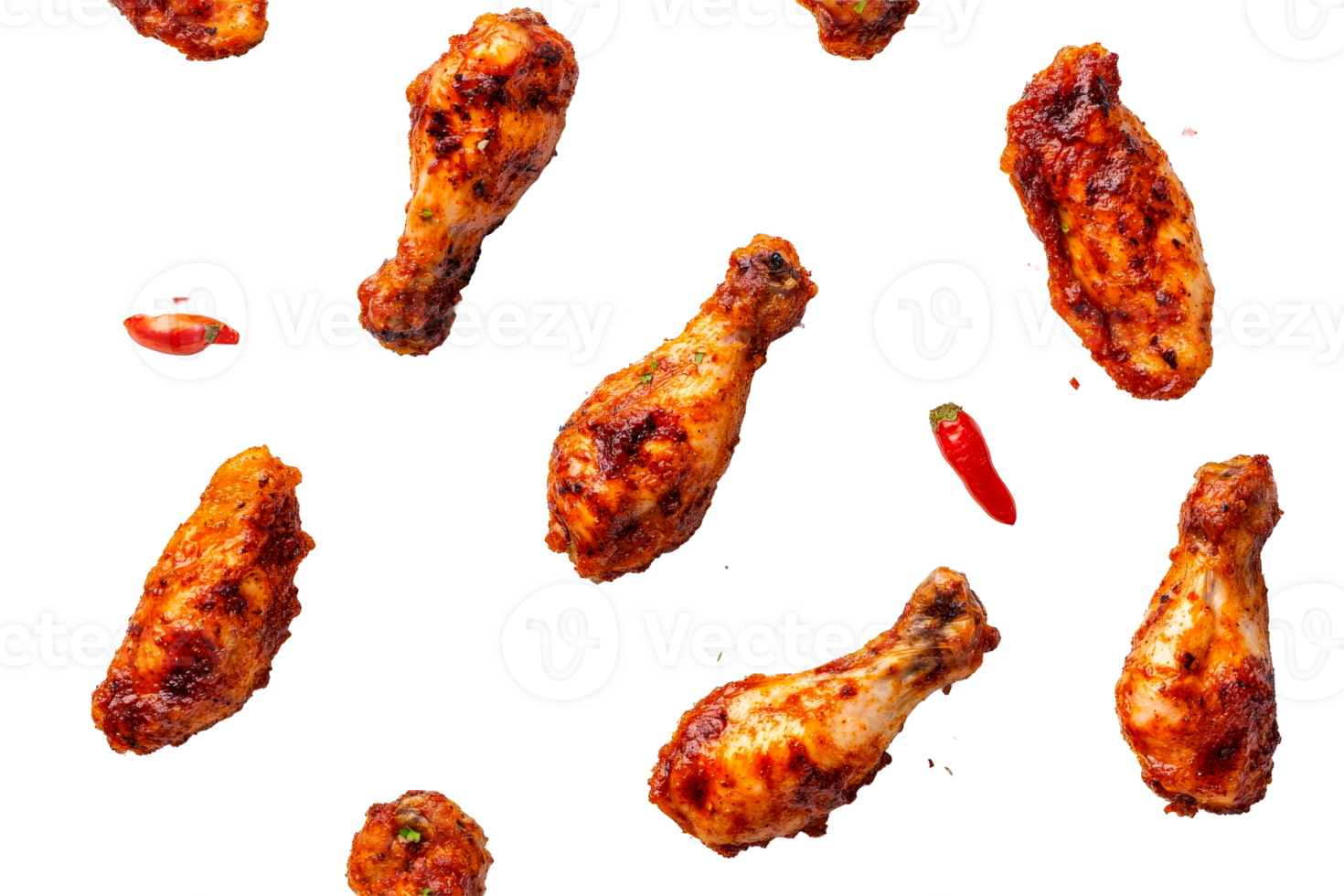 Crispy chicken drumsticks with red chili peppers png
