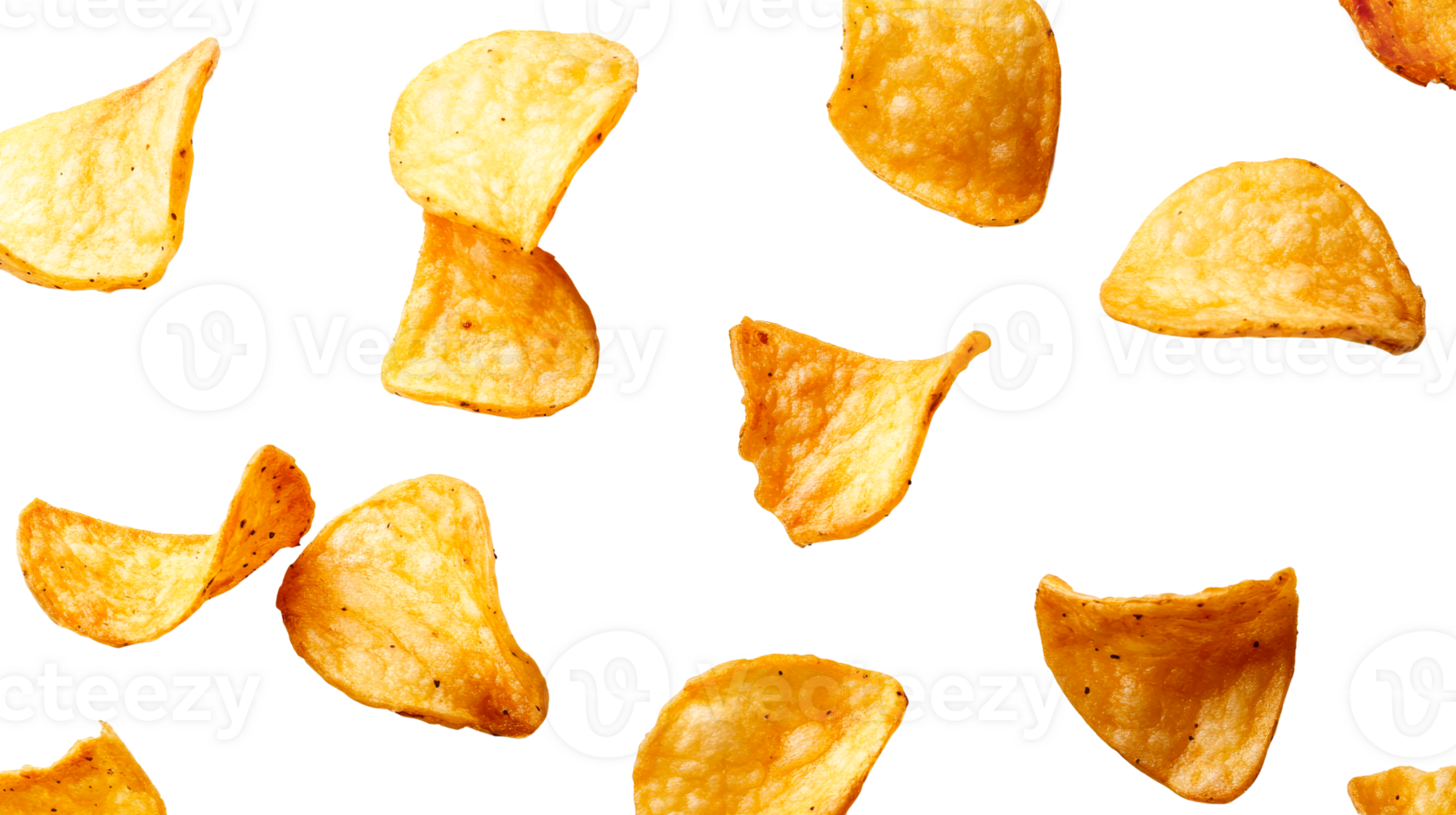 Crunchy potato chips scattered on a transparent background png