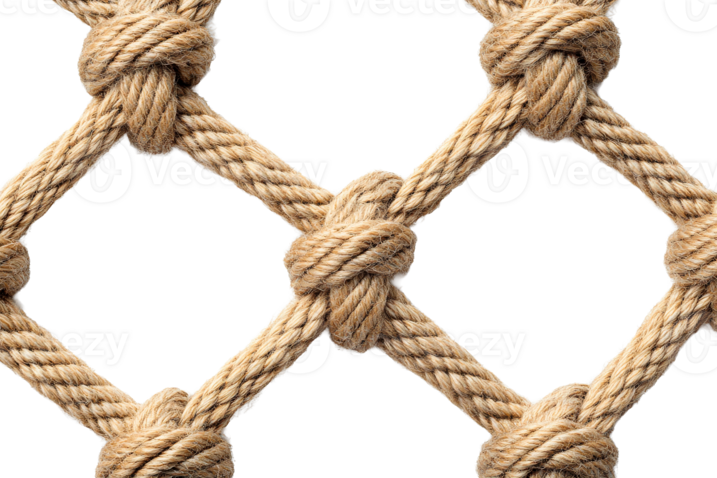 Detailed view of knotted rope net with transparent background png
