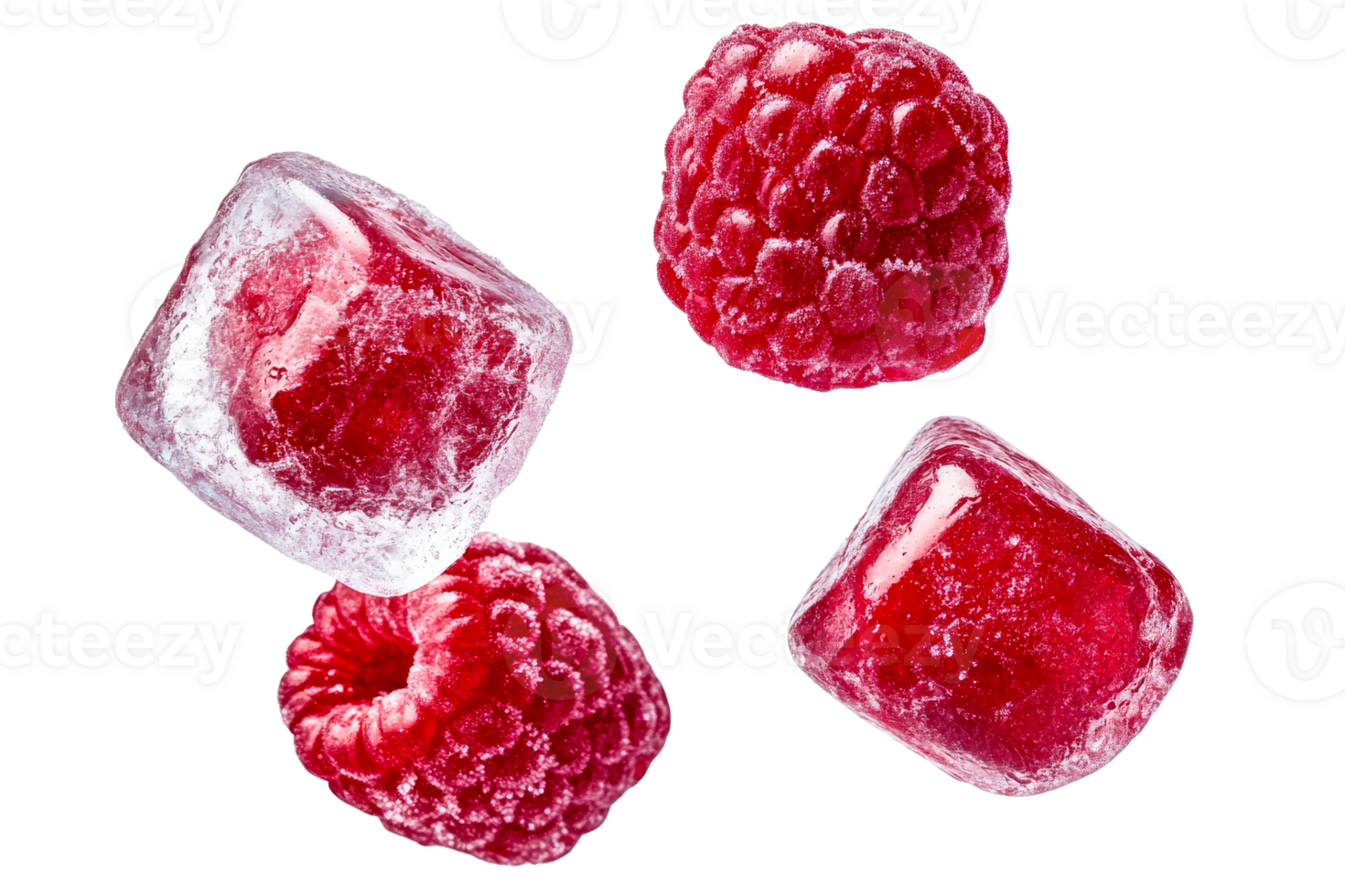 Frozen raspberries and ice cubes on a transparent background png