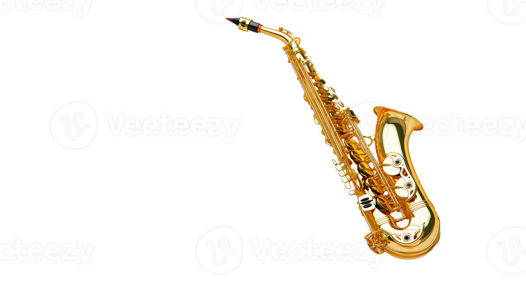 Golden saxophone in a vertical position on a transparent background png