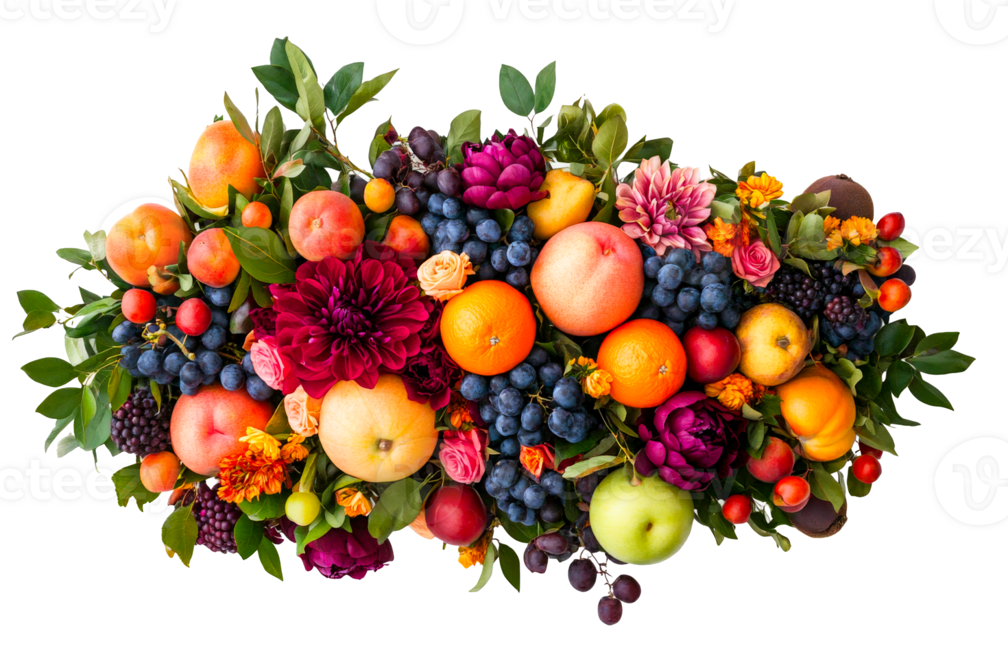 A vibrant display of assorted fruits and flowers arranged beautifully png