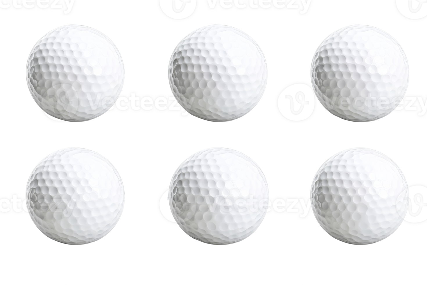 Group of six white golf balls on a transparent background png
