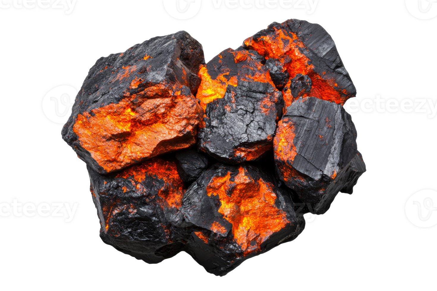 Black rocks with glowing orange highlights on clear background png