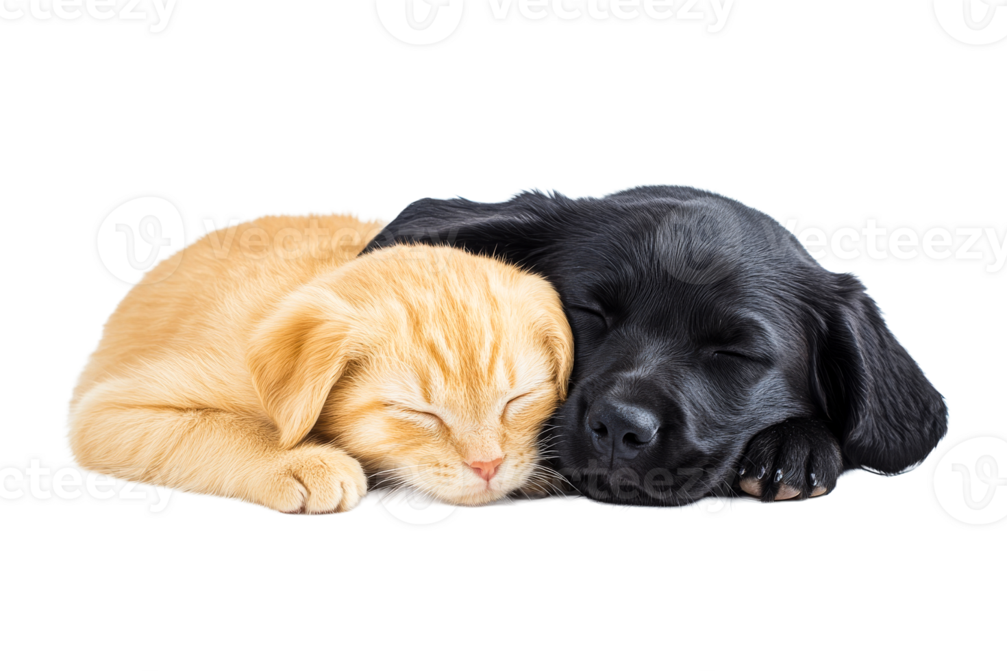 Cute kitten and puppy sleeping together on a soft surface png