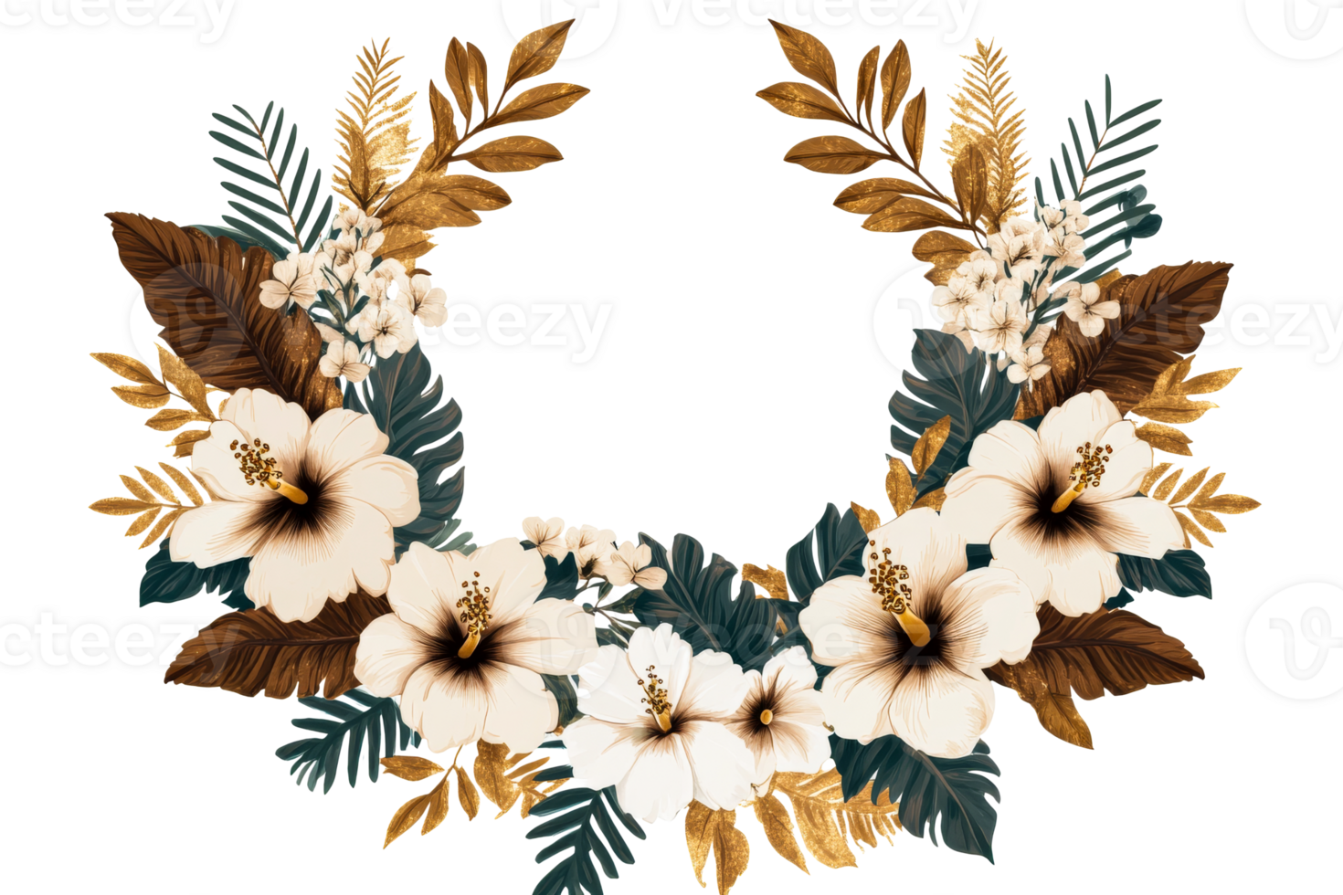 Hibiscus floral wreath with tropical leaves, transparent bg png