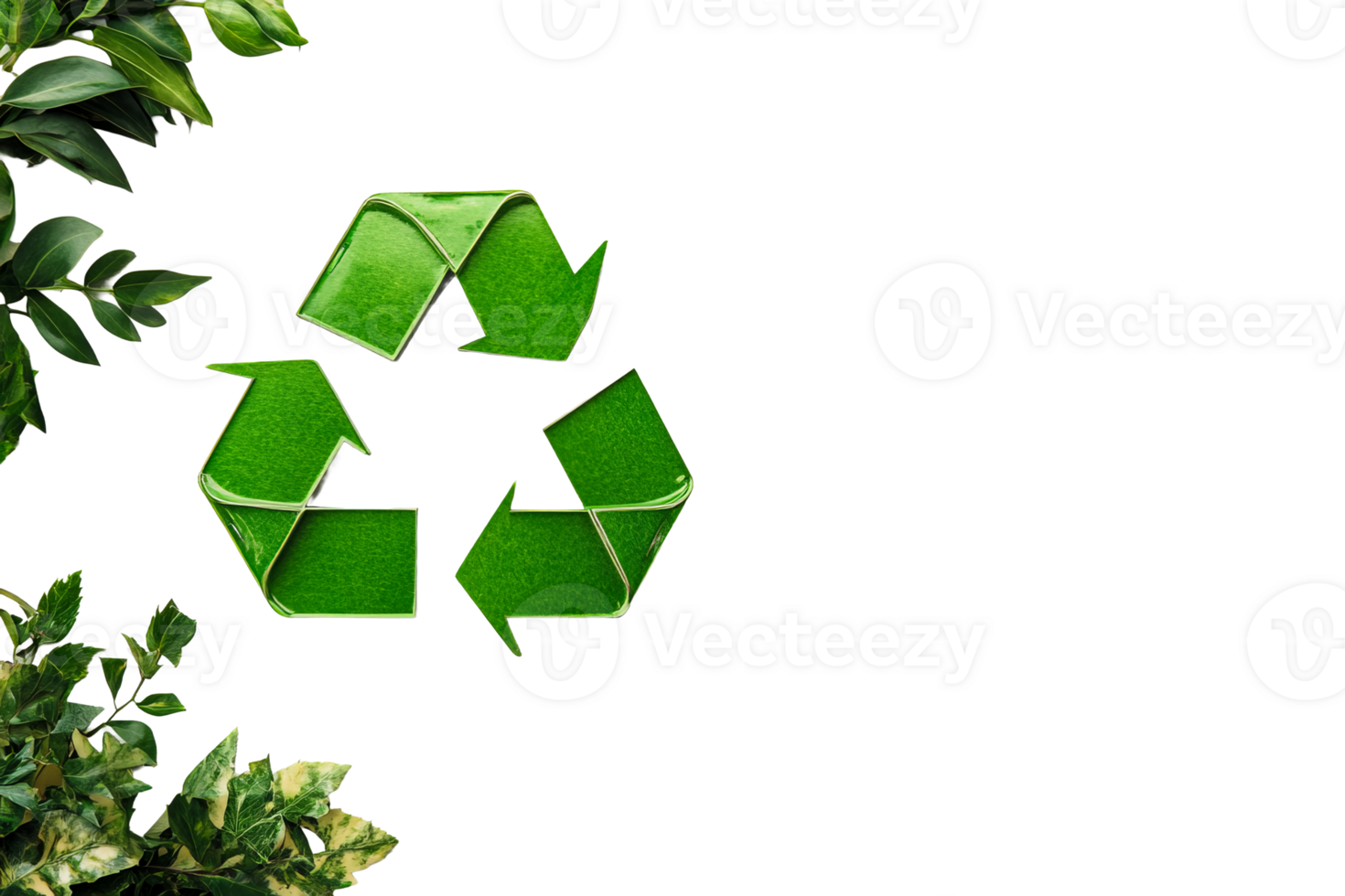 Recycle symbol surrounded by green leaves on transparent background png