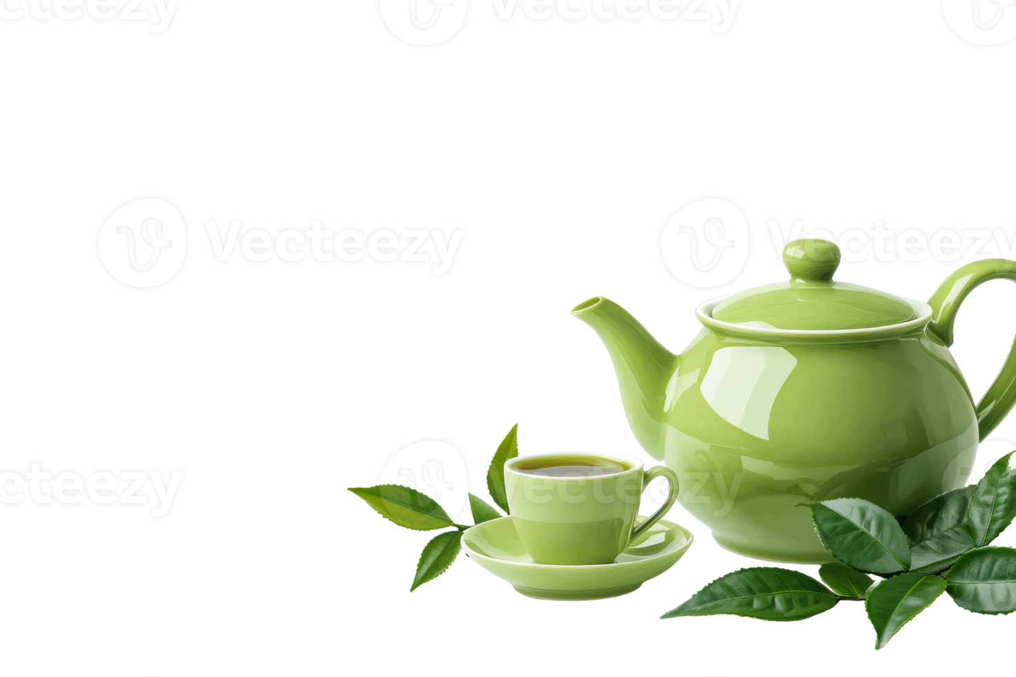 Elegant green teapot with cup and fresh tea leaves on white background png