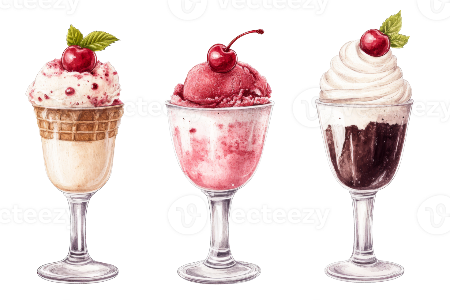 Three delightful dessert treats showcased with cherry toppings png