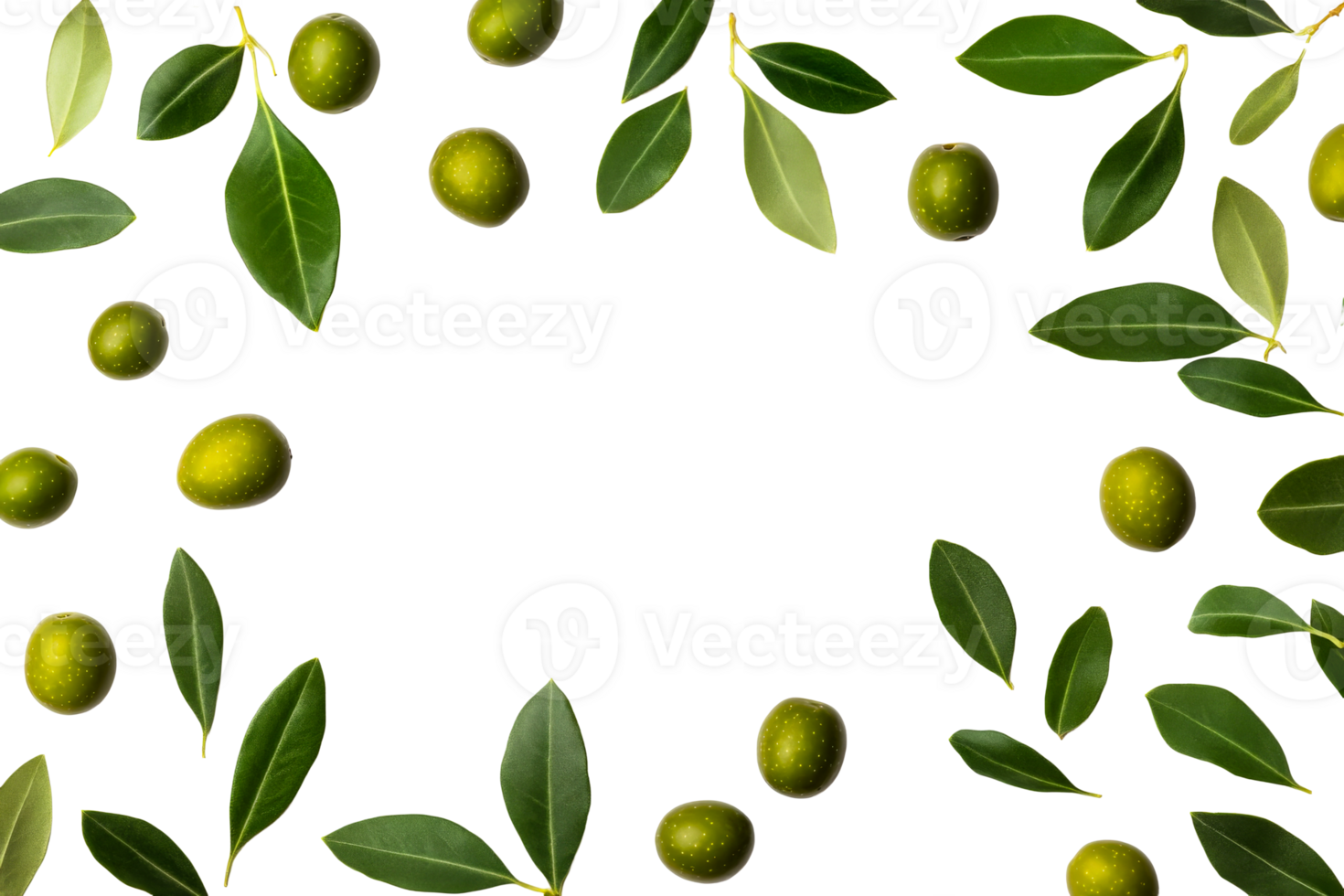 Green olives and leaves arranged on white background for decoration png