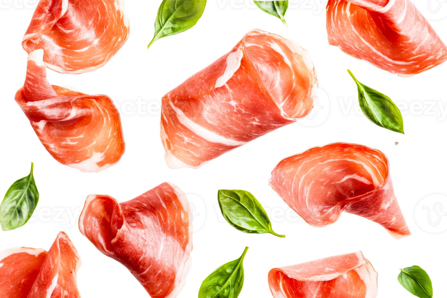 Cured meat and fresh basil leaves on a transparent background png