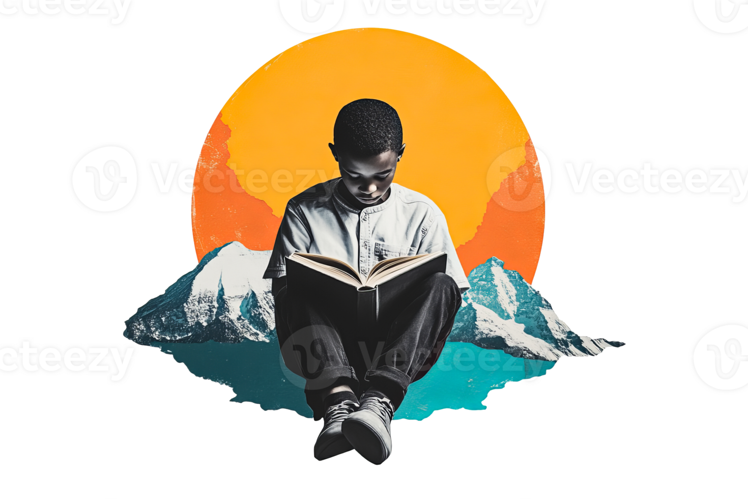 Boy reading a book with mountains and sun background png