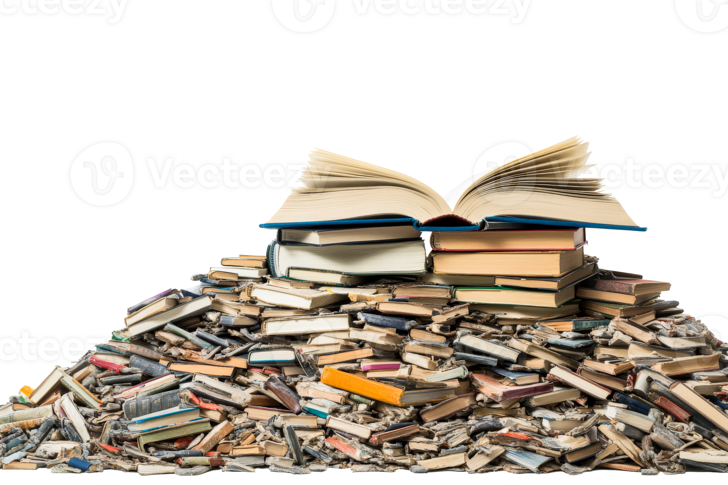 Books stacked with an open book on top, transparent bg png
