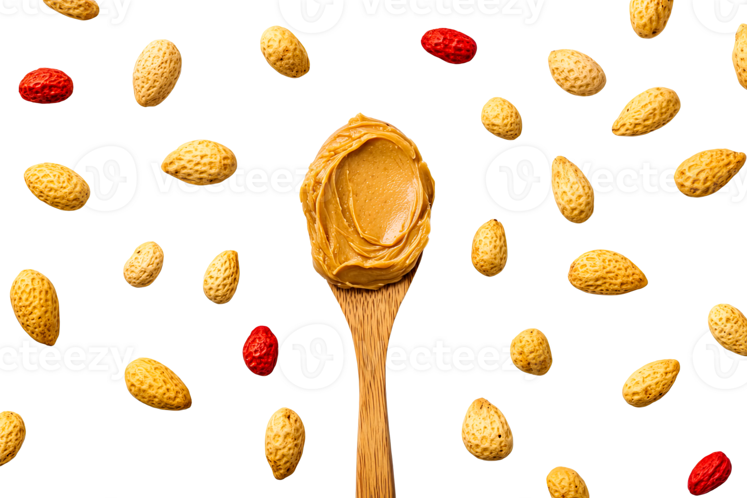 Peanut butter on wooden spoon surrounded by nuts and berries png