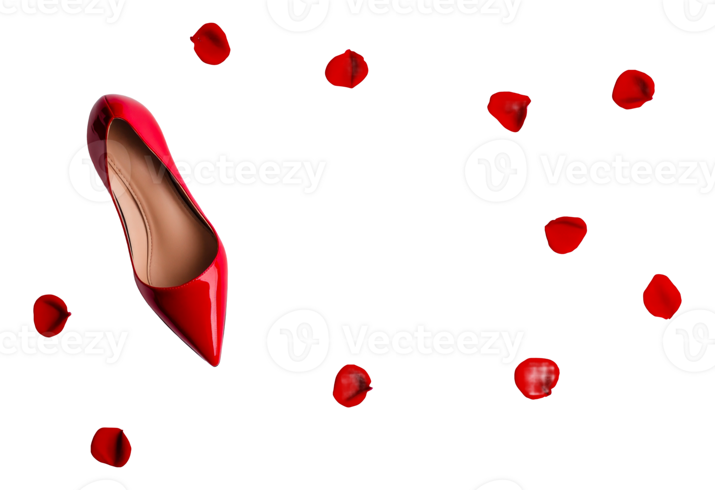 Elegant red high heel on a bed of rose petals for romantic occasions png