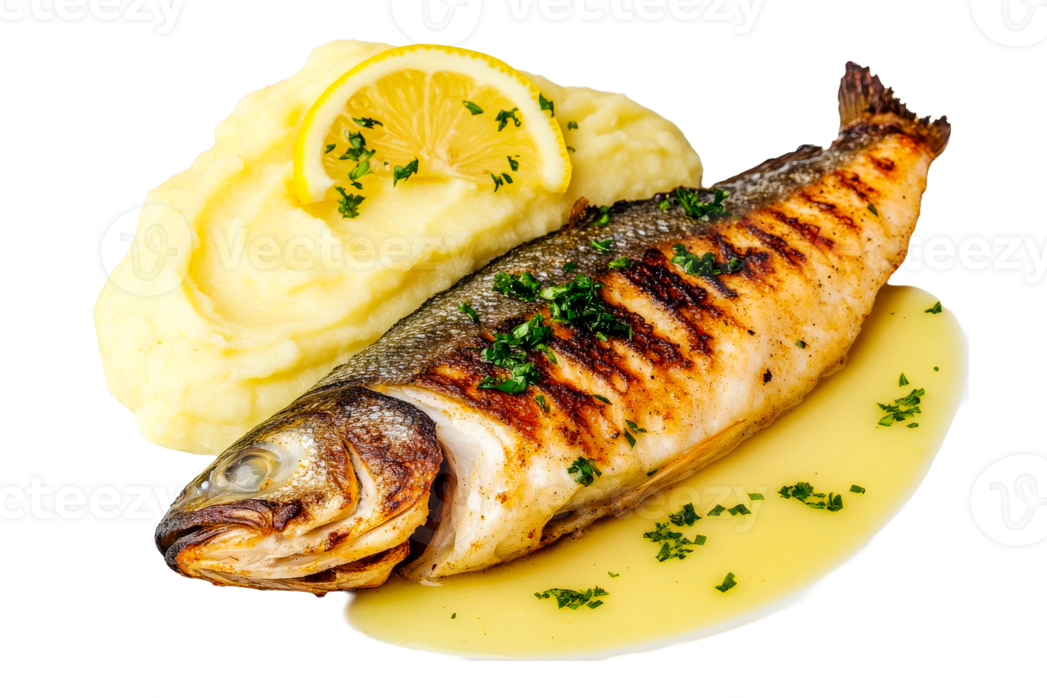 Grilled fish filet with mashed potatoes and lemon garnish png