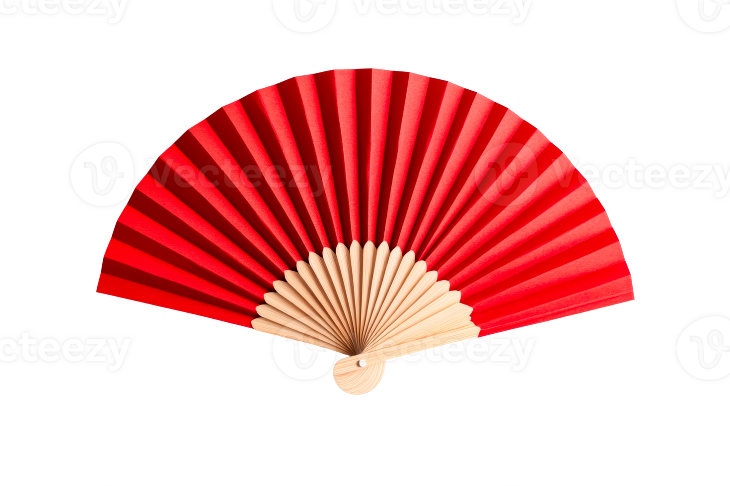 Elegant red folding fan with wooden handle on transparent background png