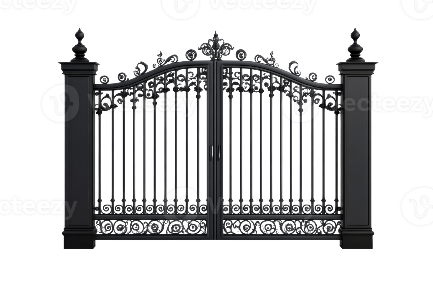 Elegant wrought iron gate design with ornate details and transparency png