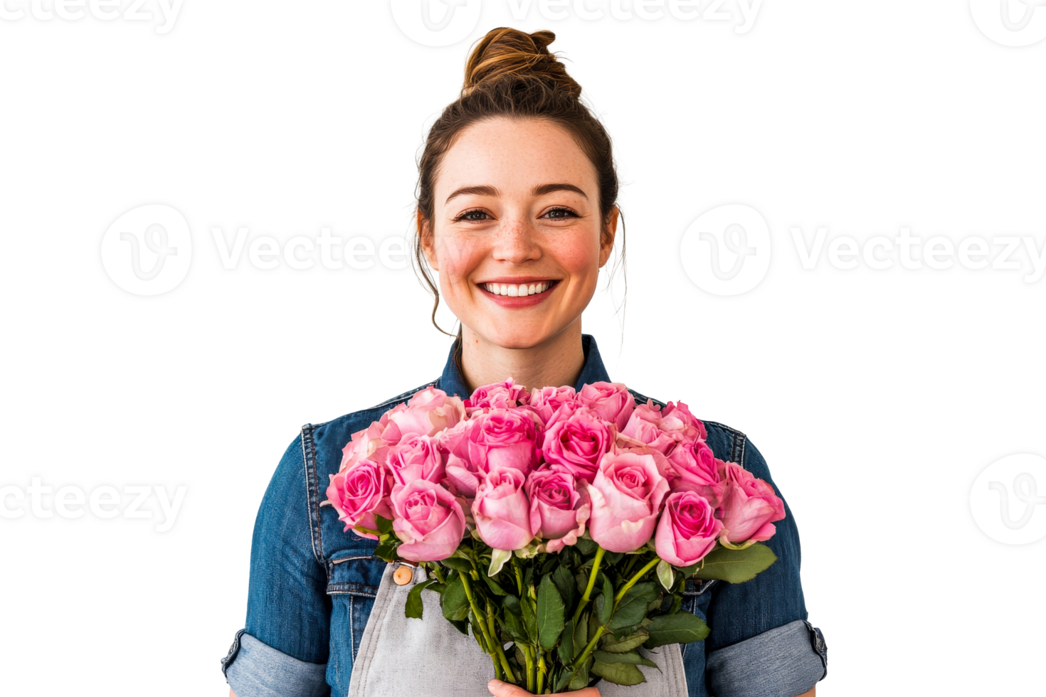Woman holding bouquet of pink roses with a joyful smile png