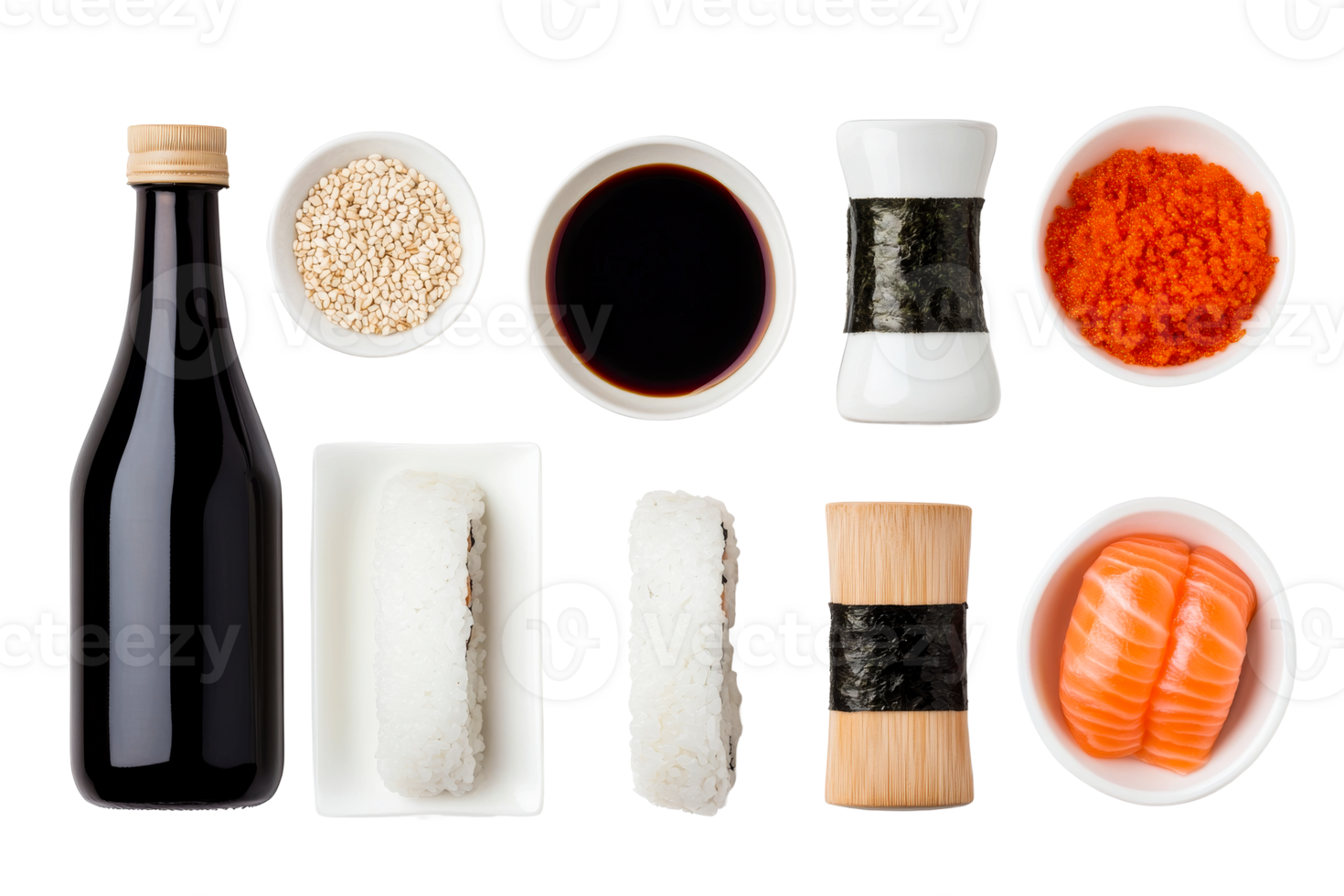 Delicious sushi ingredients and soy sauce on a transparent background png